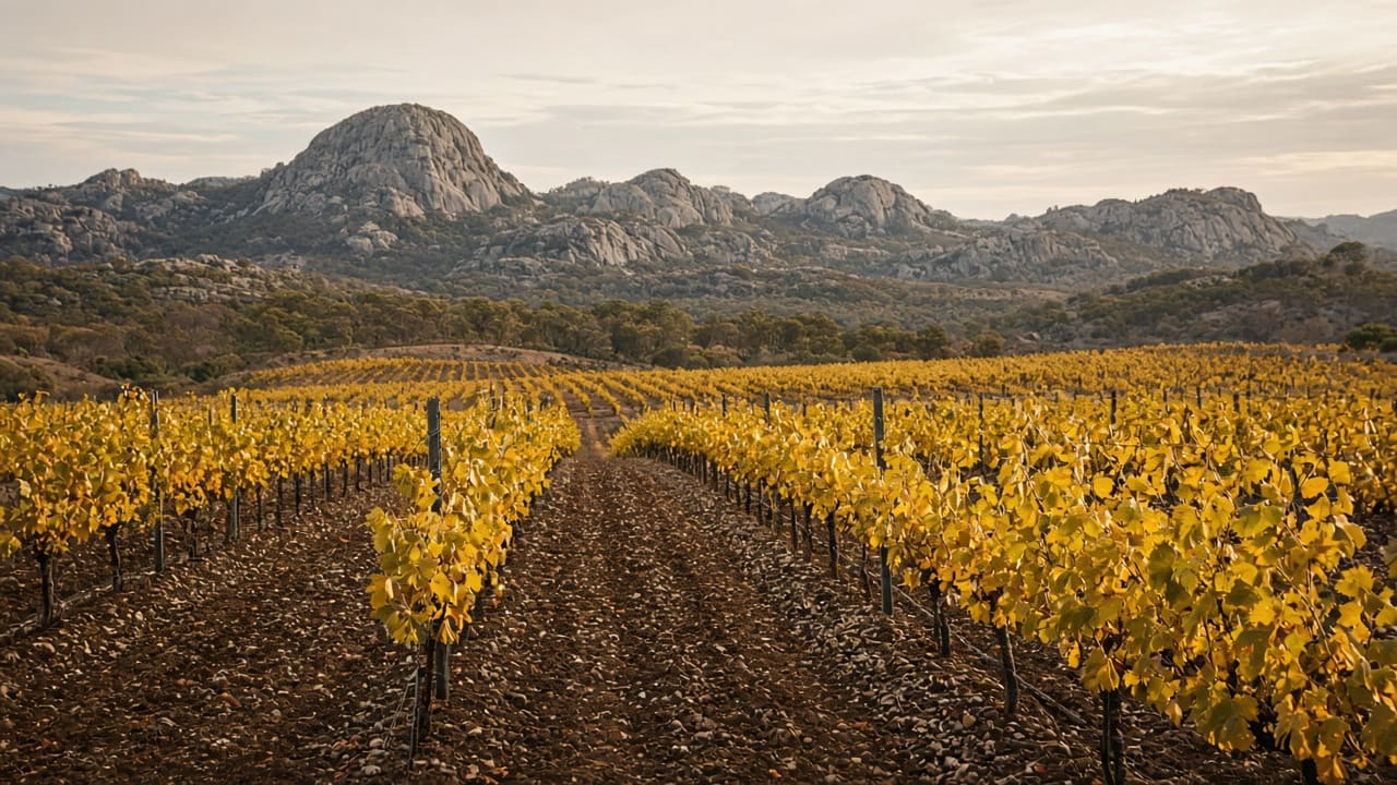 Vineyard rows with granite hills beyond in Western Australia’s Great Southern