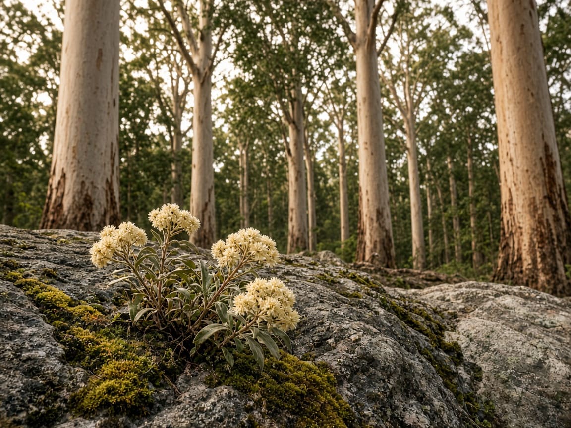 Wildflowers and moss on granite with pale karri trunks behind
